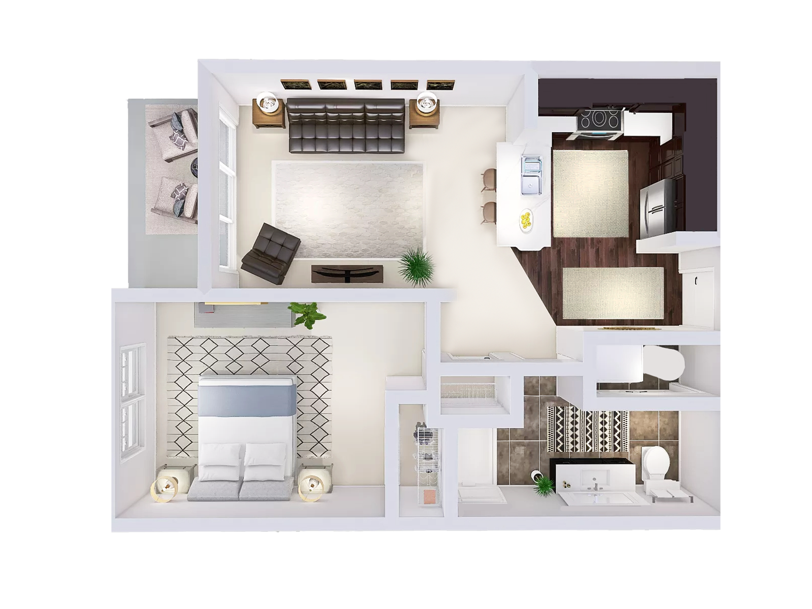 Floor plan for 1 bed, 1 bath, 734 sqft